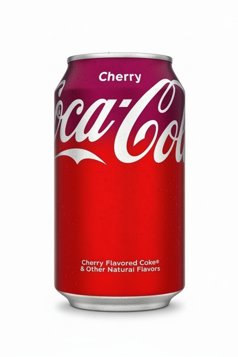 Cherry Coca-Cola can on a white background