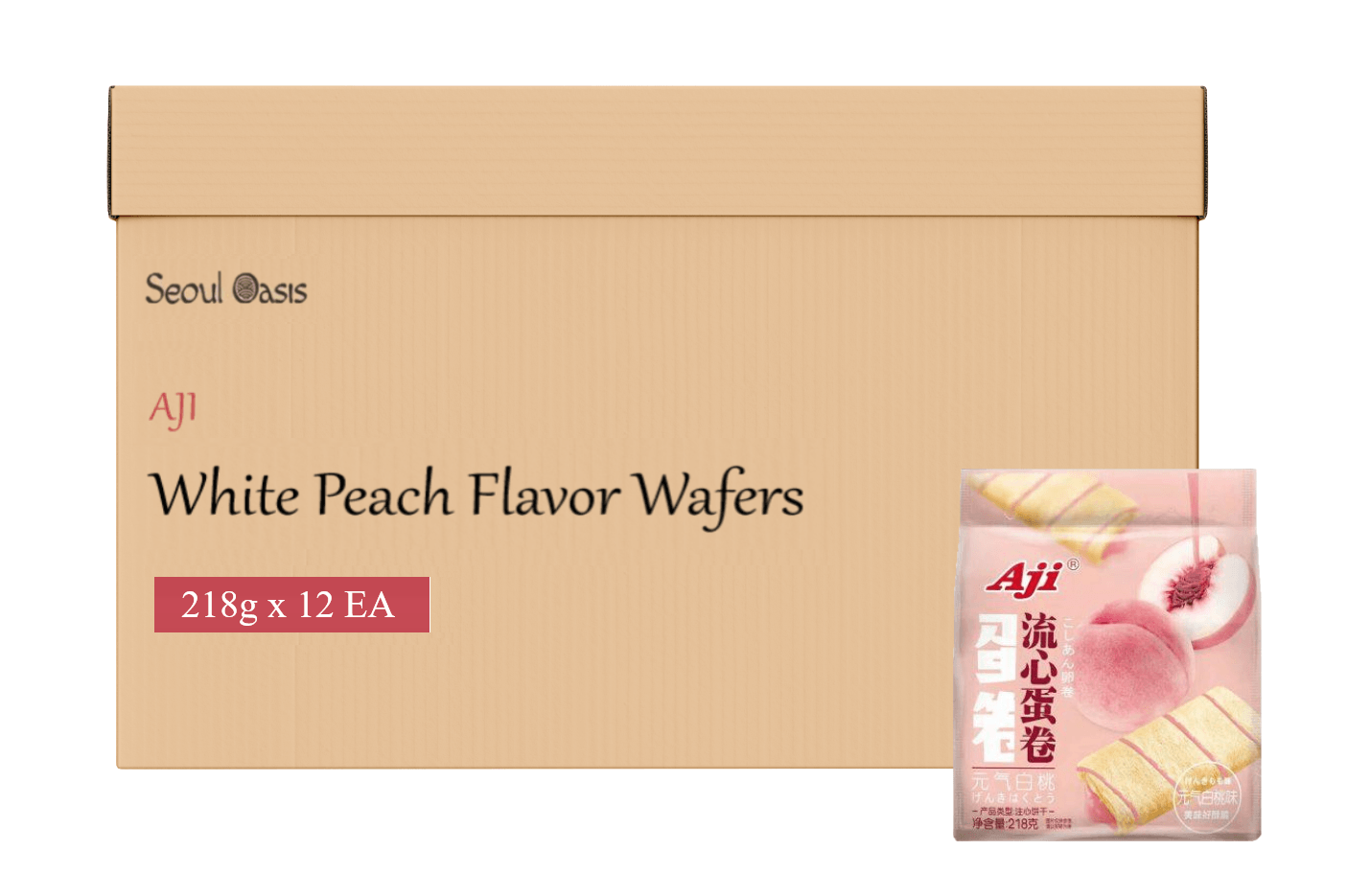 AJI White Peach Flavored Wafer Roll - 1 Carton of 12 Packs (218g each) - seouloasis.com - Seoul Oasis