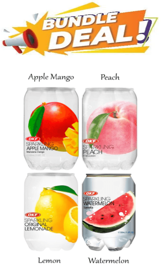 OKF Sparkling Drinks 350ml Can - Apple Mango, Lemon, Peach, Watermelon (pack of 4) - seouloasis.com - Seoul Oasis