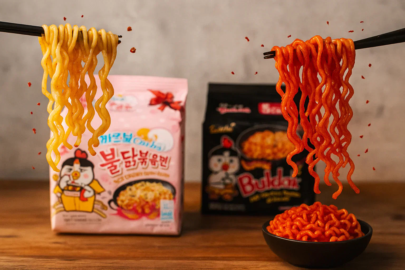 Two Samyang instant noodle packs—Carbonara (pink) and Original Hot Chicken (black)—displayed with noodles lifted in the air using chopsticks, with seasoning flakes falling, creating an aesthetic and dynamic food presentation