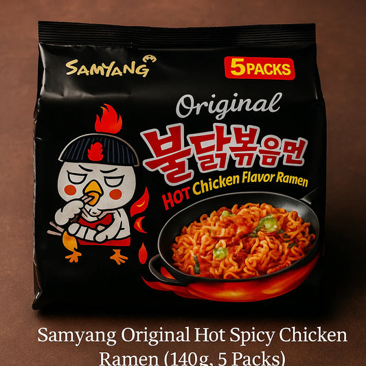 Samyang Original Hot Spicy Chicken Ramen 140g (5 Packs) pack displayed on a warm brown background, featuring the signature black packaging, fiery noodle bowl, and Samyang's iconic spicy chicken character.