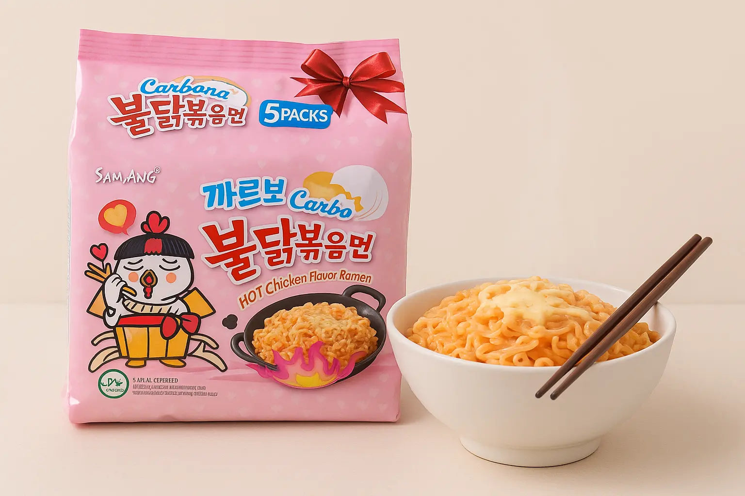Samyang Carbonara Spicy Chicken Ramen 5-pack with pink packaging and cartoon chicken placed beside a steaming bowl of creamy ramen topped with cheese and chopsticks. Premium Seoul Oasis UAE lifestyle food image with realistic lighting.