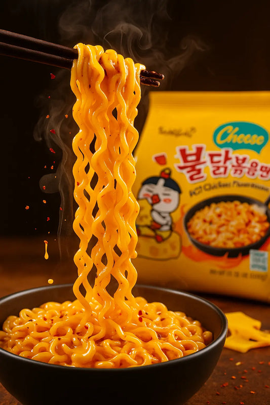 Steaming cheesy ramen noodles being lifted with chopsticks, melted cheese and chili flakes visible, yellow Samyang Cheese Hot Spicy Ramen 5-pack packaging blurred in the background.
