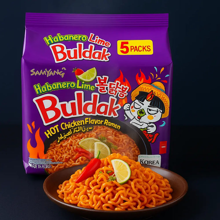 Samyang Habanero Lime Hot Chicken Ramen 5-pack with bright purple packaging, showing spicy ramen topped with lime slices and chili, made in Korea - Seoul Oasis UAE.
