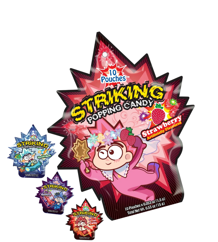 Striking Popping Candy 10-pouch packs: strawberry, blueberry, electric shock and cola