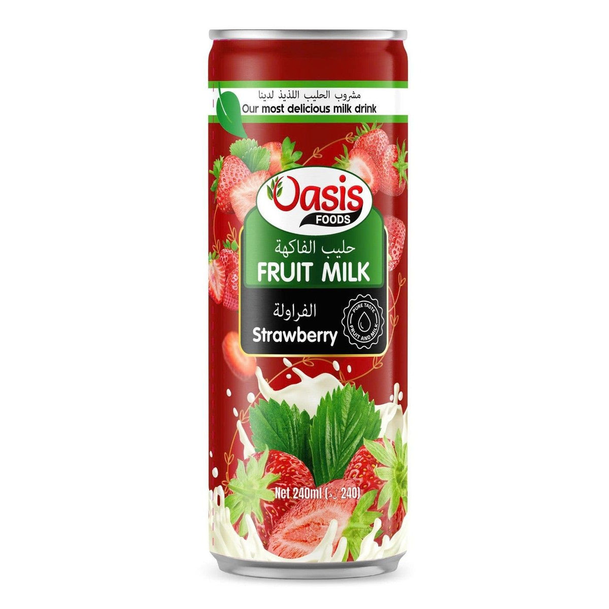 Oasis Strawberry Fruit Milk Drink 240ml can, creamy and refreshing beverage from Seoul Oasis UAE.