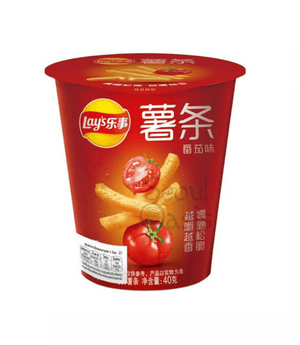 Lays Premium Tomato Flavor French Fries in a 40g cup, perfectly seasoned with rich and tangy tomato flavor