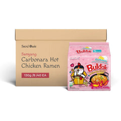Samyang carbonara noodles wholesale carton in Dubai, creamy pink Buldak ramen at Seoul Oasis.