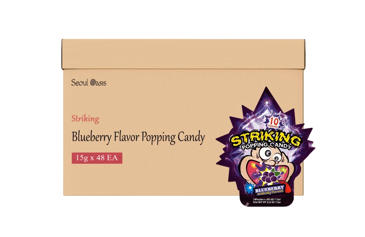 Striking Popping Candy Blueberry Pack Wholesale in Dubai: Vibrant 48-pack carton for parties.