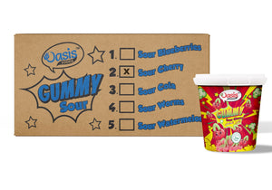 Sour gummy candy cherry flavor carton Dubai, vibrant red Oasis gummies for kids party favors UAE.