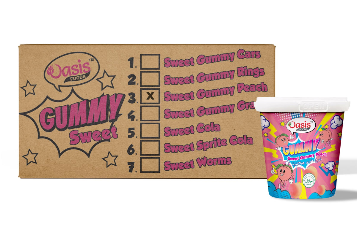 Buy sweet gummy peach flavor carton Dubai: Soft, vibrant pink snacks from Seoul Oasis.