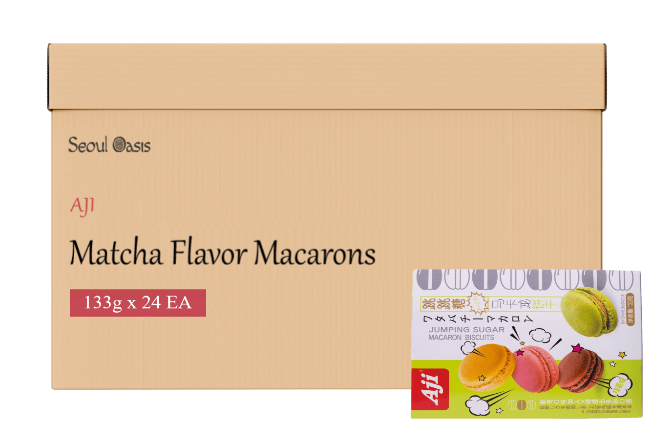 AJI Jumping Sugar Macaron Biscuits Matcha Flavor - 1 Carton (24 boxes) - seouloasis.com - Seoul Oasis