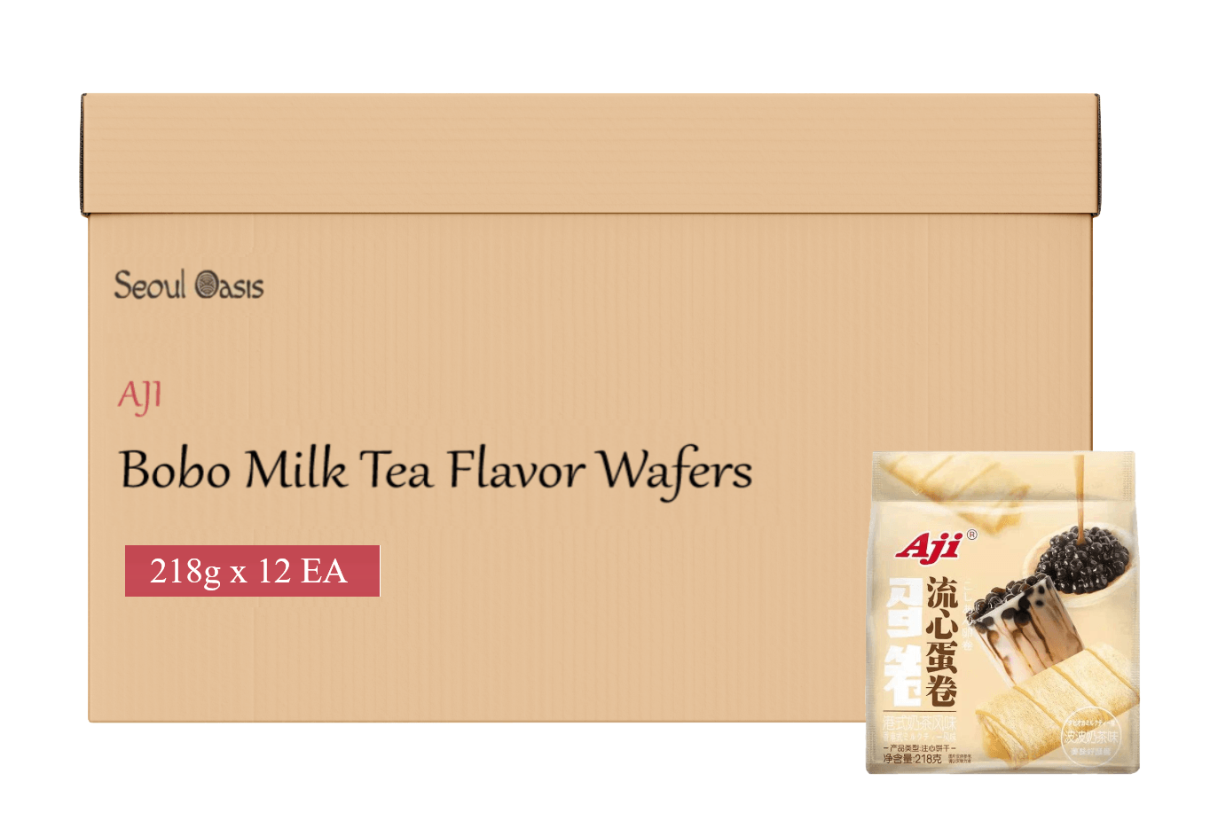 AJI Omelette Bobo Milk Tea Flavored Wafer Roll - 1 Carton of 12 Packs (218g each) - seouloasis.com - Seoul Oasis