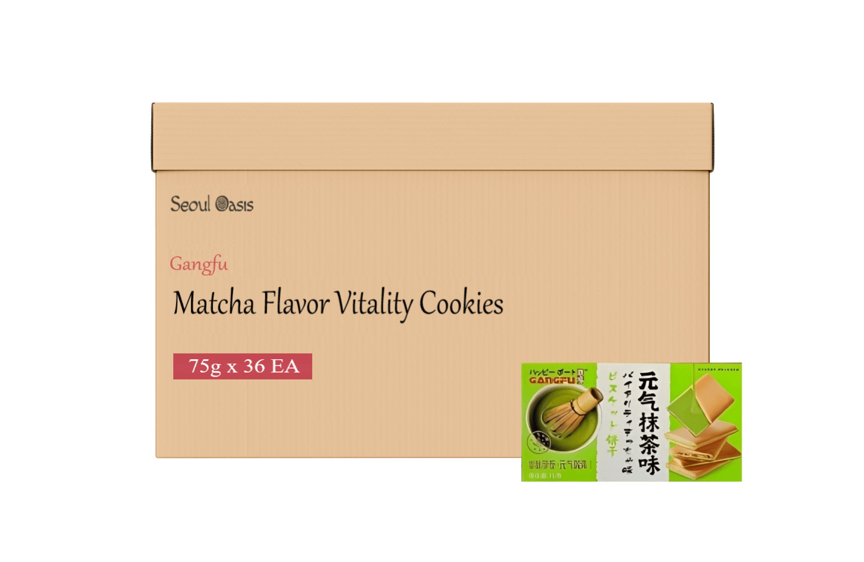 Gangfu Matcha Flavored Vitality Cookies 75g - Carton of 36 boxes - seouloasis.com - Seoul Oasis