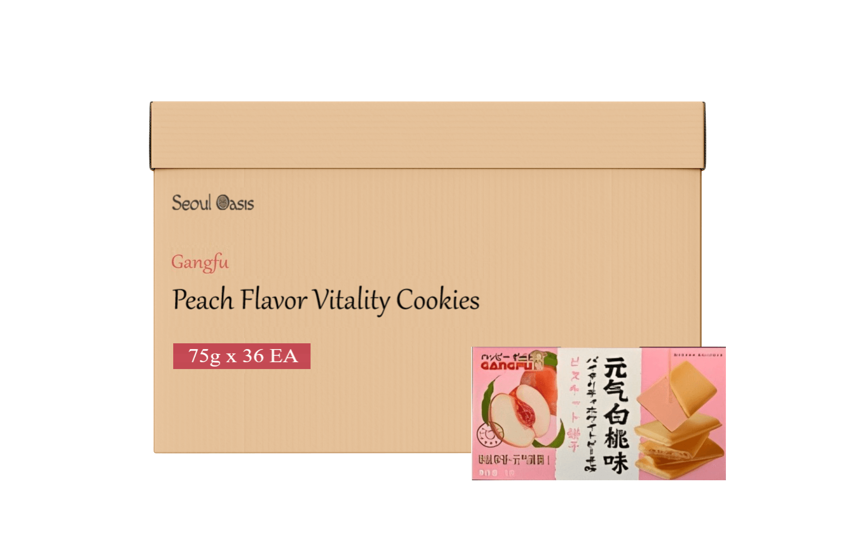 Gangfu Peach Flavored Vitality Cookies 75g - Carton of 36 boxes - seouloasis.com - Seoul Oasis