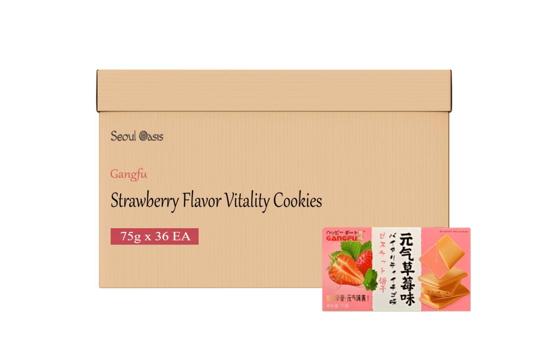 Gangfu Strawberry Flavored Vitality Cookies 75g - Carton of 36 boxes - seouloasis.com - Seoul Oasis