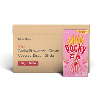 Glico Pocky Strawberry Cream Covered Biscuit Sticks - 1 Carton - seouloasis.com - Seoul Oasis