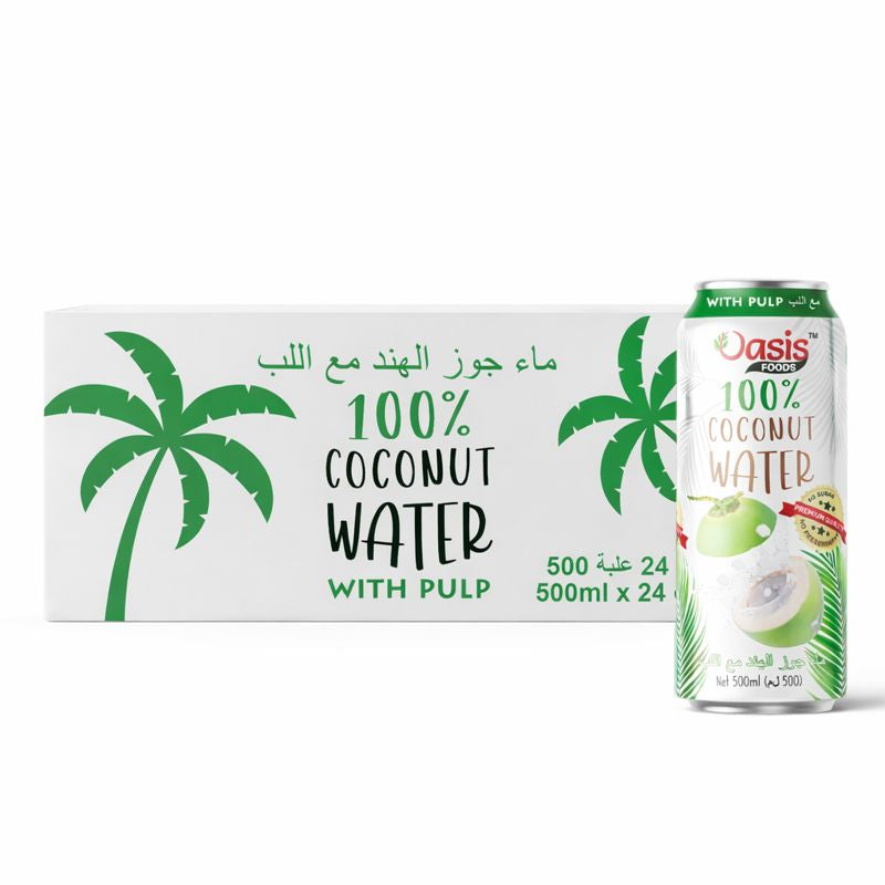 Buy Oasis 100% coconut water with pulp carton Dubai - 24 cans of 500ml Korean coconut water with real pulp pieces