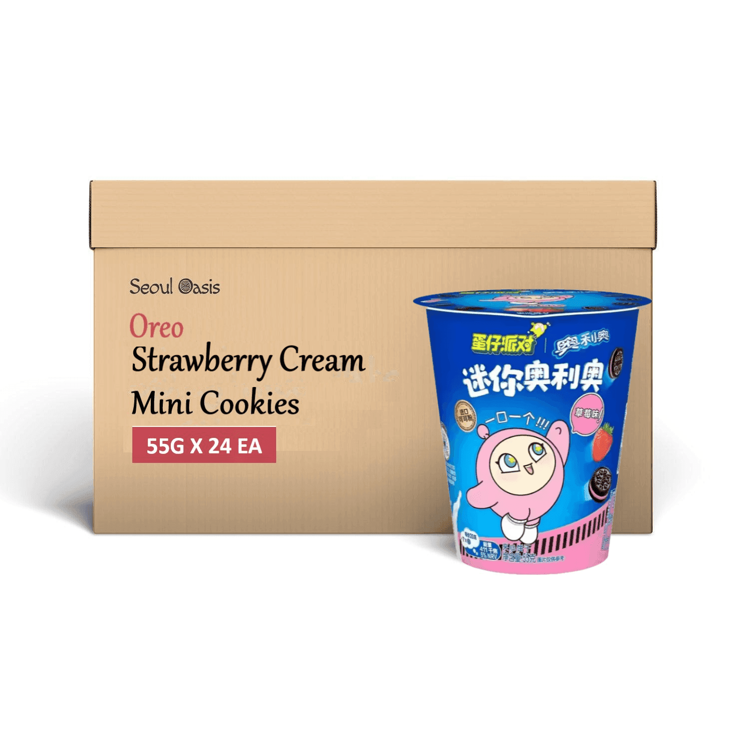 Oreo Strawberry Cream Mini Chocolate Cookie Biscuits 55g - 1 Carton (24 cups) - seouloasis.com - Seoul Oasis